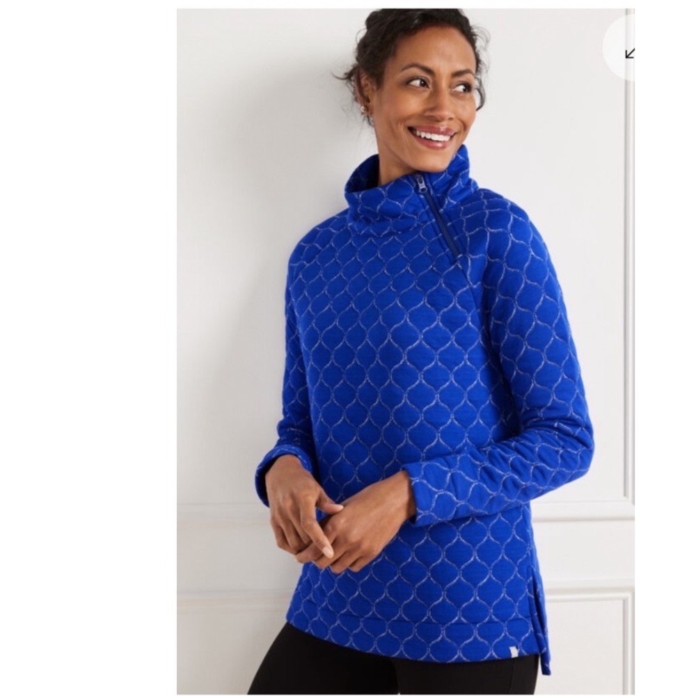 T by Talbots Women Blue Quilted Metallic Zip Pullover Top Size L Sweatshirt